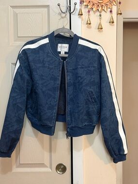 Guess Blue Denim-Effect Bomber Jacket with Contrasting Trim